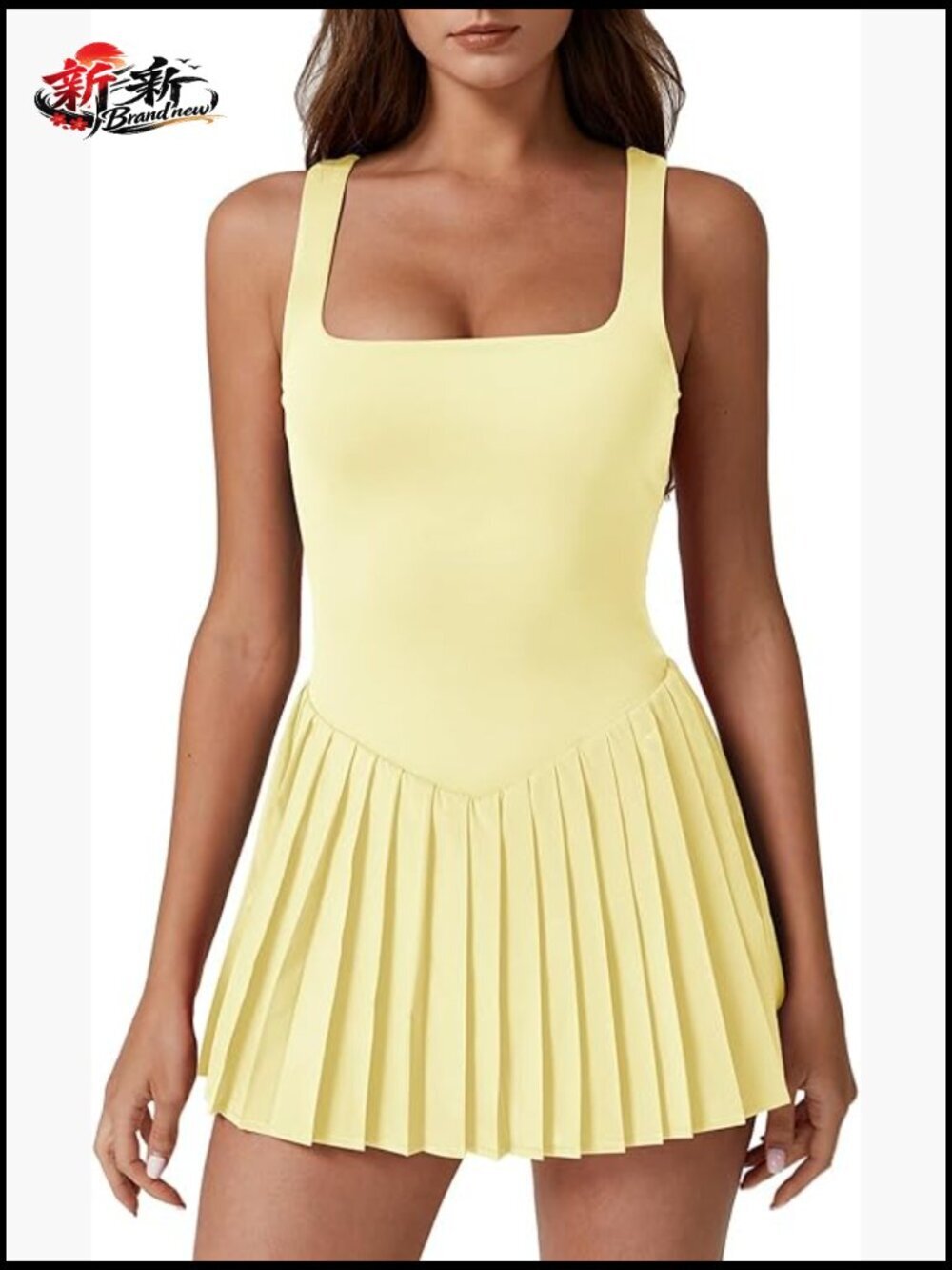 Square Neck Tennis Dress Pleated Sleeveless Built in Shorts Golf Athletic Dress